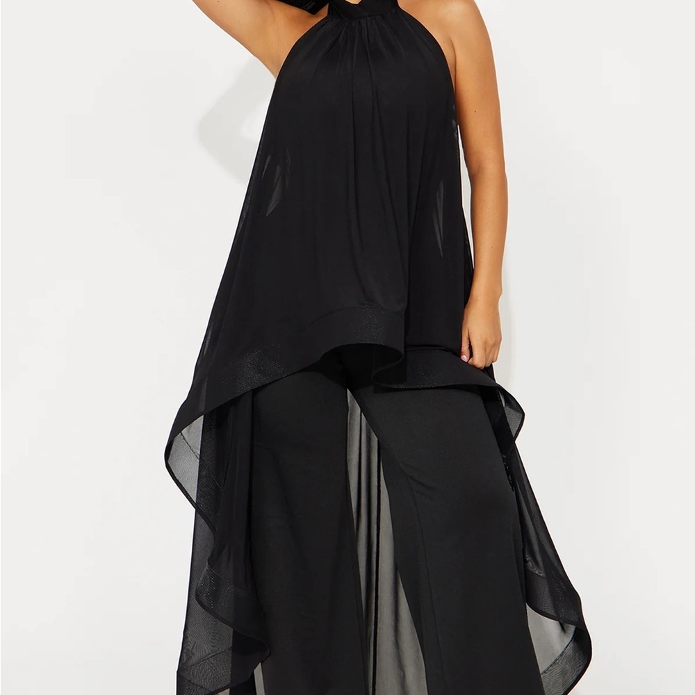 Elegant Black Halter Jumpsuit with Sheer Overlay